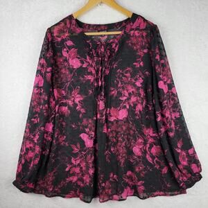 2X Sheer Top Whimsigoth Long Sleeve Black Pink Floral Blouse Boho Chic Dressy